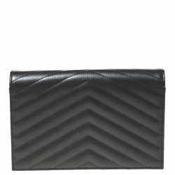 Pre Owned Saint Laurent Paris Dark Grey Chevron Leather Monogram Wallet on Chain