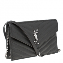 Pre Owned Saint Laurent Paris Dark Grey Chevron Leather Monogram Wallet on Chain