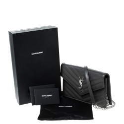 Pre Owned Saint Laurent Paris Dark Grey Chevron Leather Monogram Wallet on Chain