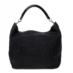Saint Laurent Paris Black Raffia and Patent Woven Roady Hobo