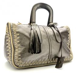 Pre Owned Yves Saint Laurent Silver Embroidered Boston Bag