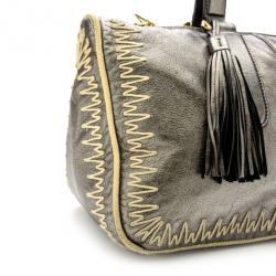 Pre Owned Yves Saint Laurent Silver Embroidered Boston Bag