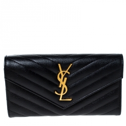 Saint Laurent Paris Black Matelassé Leather Monogram Flap Wallet