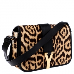 Pre Owned Saint Laurent Beige/Black Calfhair and Leather Ligne Y Charm Crossbody Bag