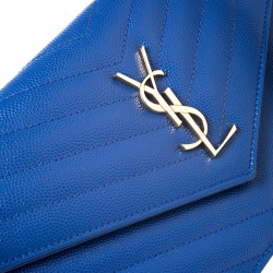 مملوكة مسبقًا Saint Laurent Paris Blue Chevron Leather Monogram Envelope Wallet On Chain