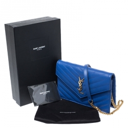 مملوكة مسبقًا Saint Laurent Paris Blue Chevron Leather Monogram Envelope Wallet On Chain