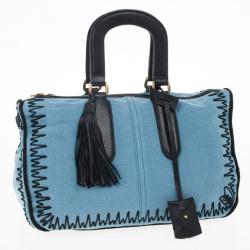 Pre Owned Yves Saint Laurent Light Blue Embroidered Boston Bag