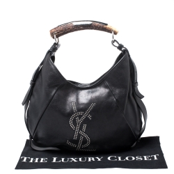 Saint Laurent Paris Black Studded Logo Leather Mombasa Hobo 