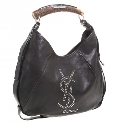 Saint Laurent Paris Black Studded Logo Leather Mombasa Hobo 