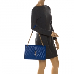 Saint Laurent Blue Chevron Leather Monogram Envelope Shoulder Bag