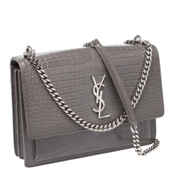 Saint Laurent Grey Croc Embossed Leather Medium Sunset Shoulder Bag