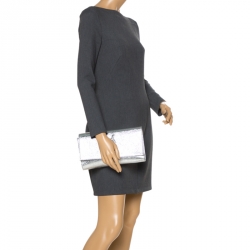 Pre Owned Saint Laurent Metallic Silver Leather Belle De Jour Flap Clutch