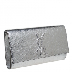 Pre Owned Saint Laurent Metallic Silver Leather Belle De Jour Flap Clutch