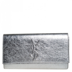 Pre Owned Saint Laurent Metallic Silver Leather Belle De Jour Flap Clutch