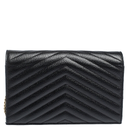Pre Owned Saint Laurent Paris Black Leather Monogram Wallet On Chain
