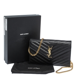 Pre Owned Saint Laurent Paris Black Leather Monogram Wallet On Chain