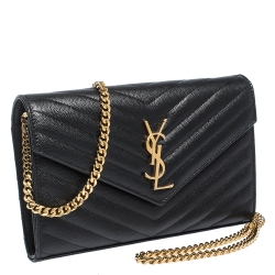 Pre Owned Saint Laurent Paris Black Leather Monogram Wallet On Chain