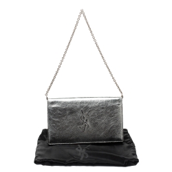 Pre Owned Saint Laurent Paris Metallic Silver Leather Wallet on Chain