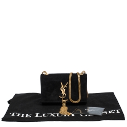 Pre Owned حقيبة كروس سان لوران باريس شراشيب كيت صغيرة جلد لامعة سوداء