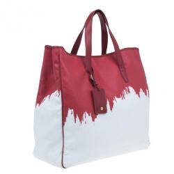 Pre Owned Saint Laurent Paris Red and White Canvas Raspail Tote