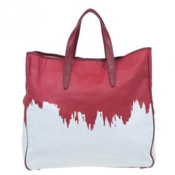Pre Owned Saint Laurent Paris Red and White Canvas Raspail Tote