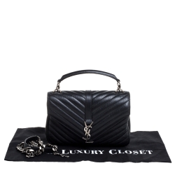 Pre Owned Saint Laurent Black Chevron Quilted Soft Leather Monogram Envelope Flap Shoulder Bag