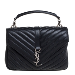 Pre Owned Saint Laurent Black Chevron Quilted Soft Leather Monogram Envelope Flap Shoulder Bag