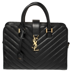 Pre Owned Saint Laurent Black Matelassé Leather Small Monogram Cabas Tote