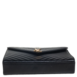Pre Owned Saint Laurent Black Chevron Quilted Leather Monogram Envelope Shoulder Bag