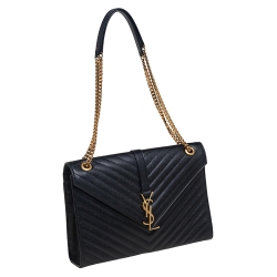 Pre Owned Saint Laurent Black Chevron Quilted Leather Monogram Envelope Shoulder Bag