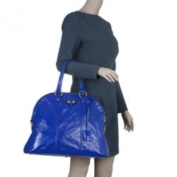 Pre Owned Saint Laurent Paris Blue Patent Leather Oversize Muse Tote