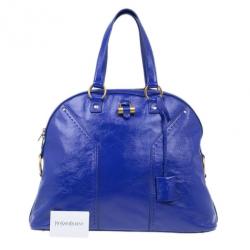 Pre Owned Saint Laurent Paris Blue Patent Leather Oversize Muse Tote