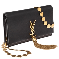 Pre Owned Saint Laurent Black Leather Small Kate Heart Chain Bag