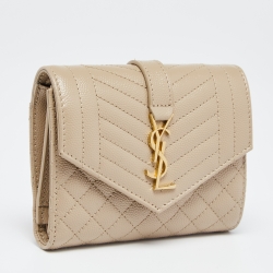 مملوكة مسبقًا Saint Laurent Beige Mix Matelassé Grain Leather Envelope Trifold Compact Wallet