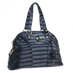 Pre Owned Saint Laurent Paris Blue Croc-Embossed Large Muse Bag