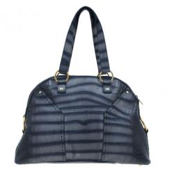 Pre Owned Saint Laurent Paris Blue Croc-Embossed Large Muse Bag