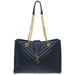 Pre Owned Saint Laurent Paris Black Matelasse Leather Cassandre Shopper Tote