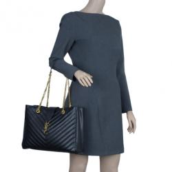 Pre Owned Saint Laurent Paris Black Matelasse Leather Cassandre Shopper Tote