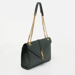 Pre Owned Saint Laurent Dark Green Matelassé Leather Large Cassandre Flap Bag