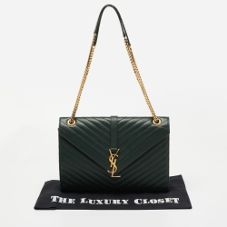 Pre Owned Saint Laurent Dark Green Matelassé Leather Large Cassandre Flap Bag