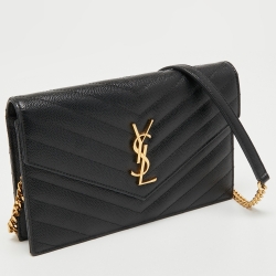 مملوكة مسبقًا Saint Laurent Black Matelasse Leather Monogram Envelope Wallet on Chain