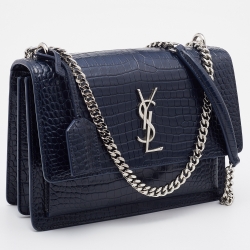 Saint Laurent Navy Blue Croc Embossed Leather Medium Sunset Shoulder Bag