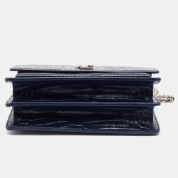 Saint Laurent Navy Blue Croc Embossed Leather Medium Sunset Shoulder Bag