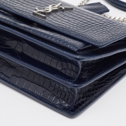 Saint Laurent Navy Blue Croc Embossed Leather Medium Sunset Shoulder Bag