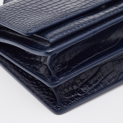 Saint Laurent Navy Blue Croc Embossed Leather Medium Sunset Shoulder Bag