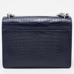 Saint Laurent Navy Blue Croc Embossed Leather Medium Sunset Shoulder Bag