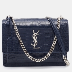 Saint Laurent Navy Blue Croc Embossed Leather Medium Sunset Shoulder Bag