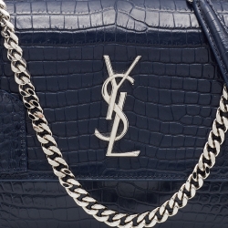 Saint Laurent Navy Blue Croc Embossed Leather Medium Sunset Shoulder Bag