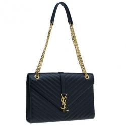 Pre Owned Saint Laurent Black Leather Large Chevron Cassandre Shoulder Bag