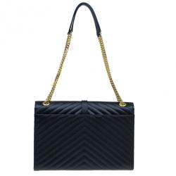 Pre Owned Saint Laurent Black Leather Large Chevron Cassandre Shoulder Bag